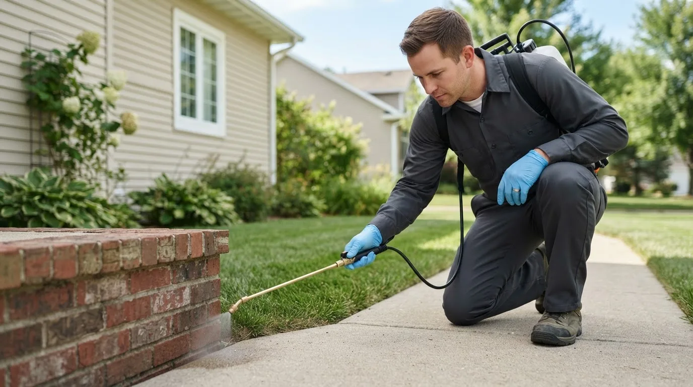 Pest control technician treating a home near Hamilton, TX